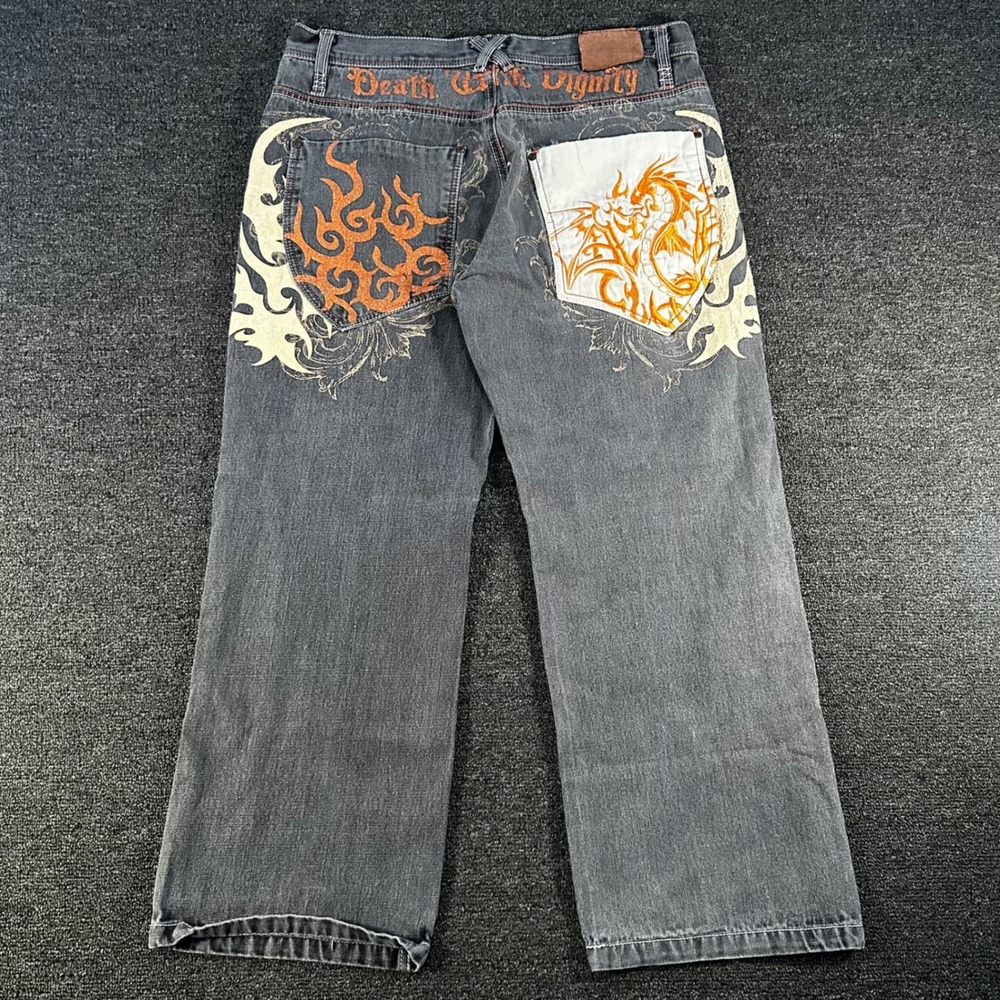 Russo Graphic Jeans Mens 38x32 Gray Pinkman Y2K Dragon Tribal Wide Leg Street